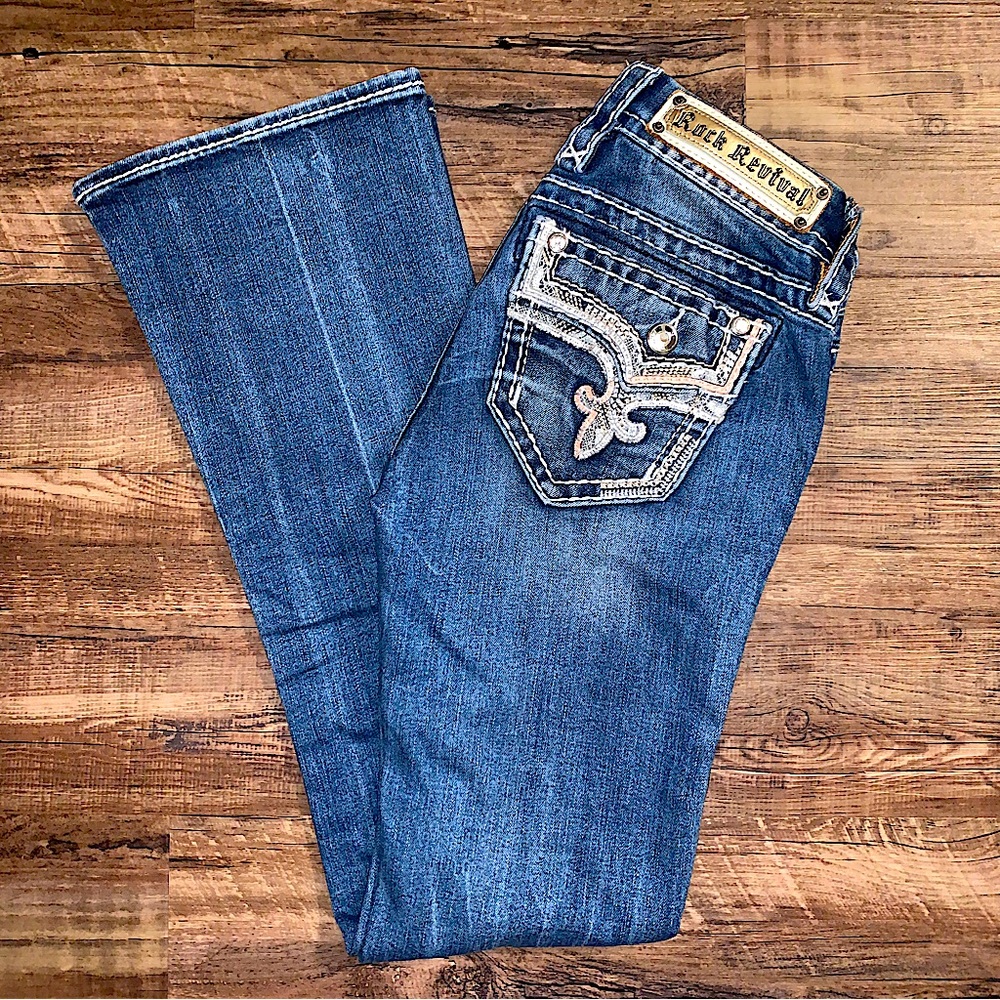 Rock Revival Women’s Boot Cut Jeans Size 23 Pink & White Pockets